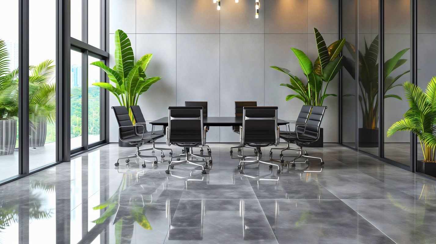 Niemand im modernen und eleganten, leeren Firmenbüro-Interieur