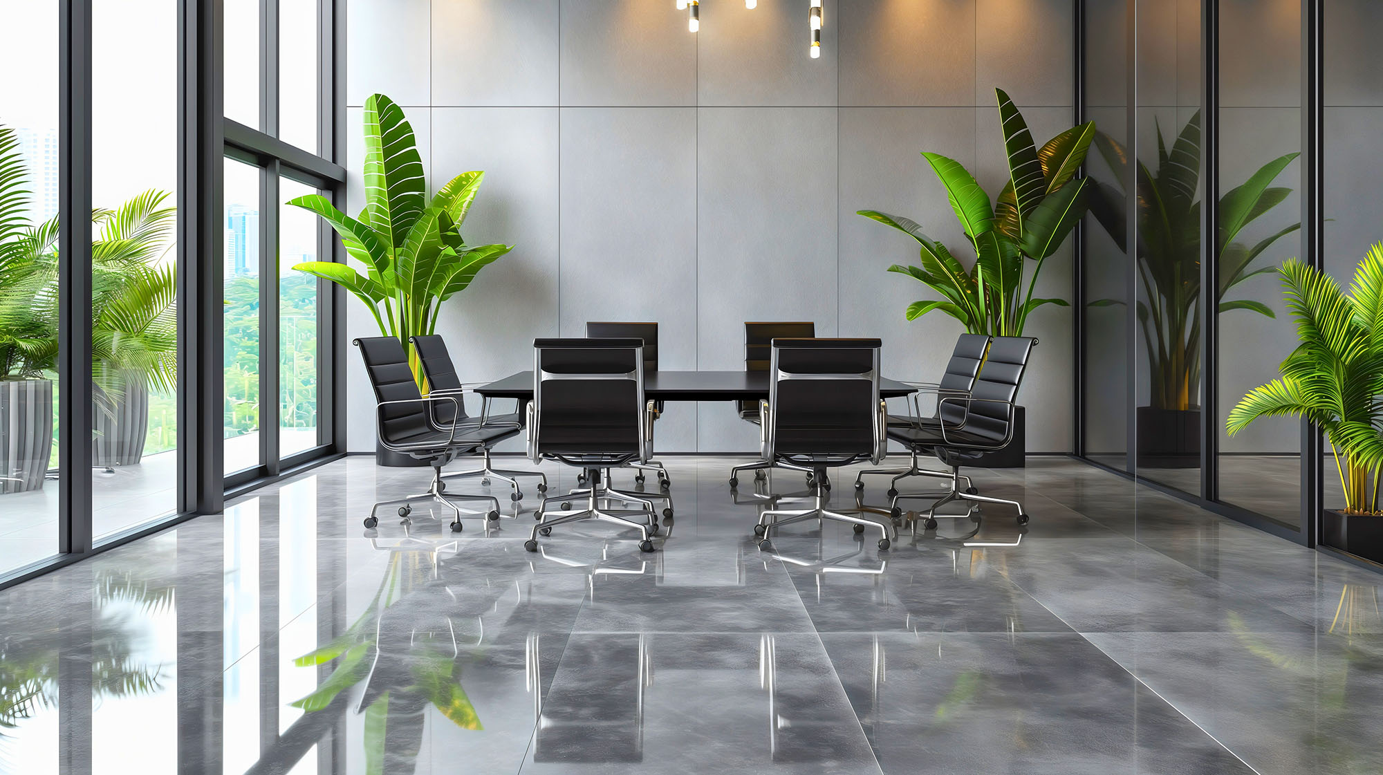Niemand im modernen und eleganten, leeren Firmenbüro-Interieur