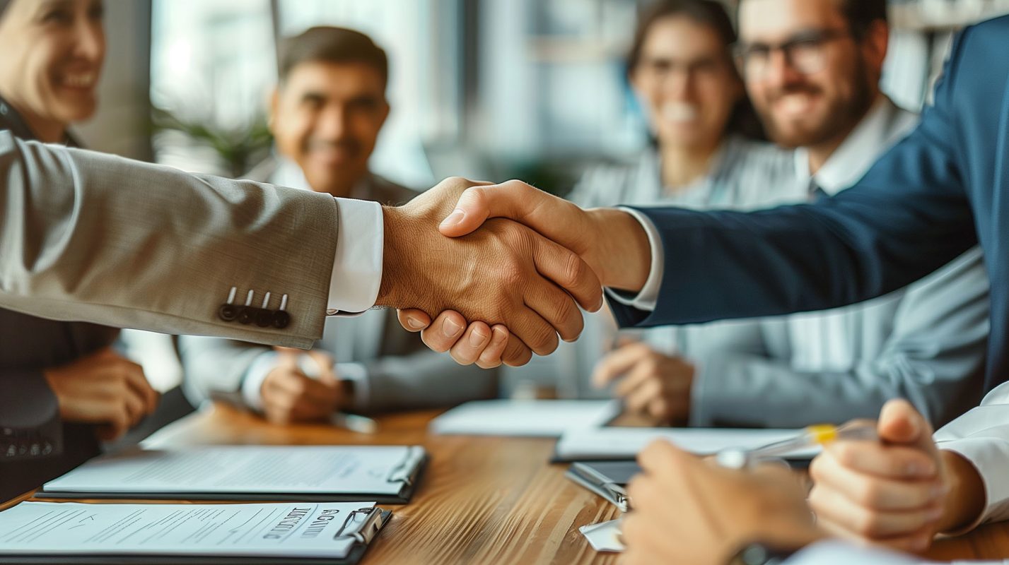 Junge Geschäftsleute treffen sich im Büro, Händeschütteln, Händeschütteln, Teamarbeit, Gruppenvertrag, Vertragsunterzeichnung, Dokument, Unterschrift, Papierkram, Erfolg, Unternehmen, Senior, Reife.