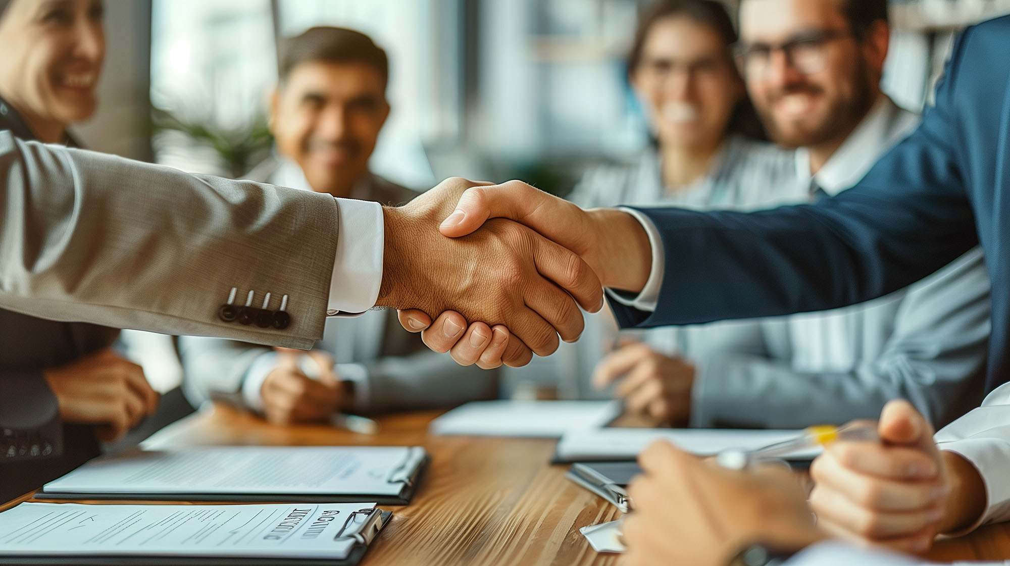 Junge Geschäftsleute treffen sich im Büro, Händeschütteln, Händeschütteln, Teamarbeit, Gruppenvertrag, Vertragsunterzeichnung, Dokument, Unterschrift, Papierkram, Erfolg, Unternehmen, Senior, Reife.